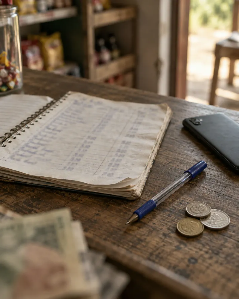 Cuaderno de fiado con anotaciones, monedas y un celular sobre el mostrador