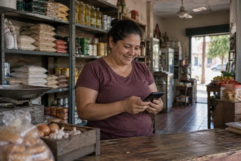 Dueña de despensa revisando su celular detrás del mostrador