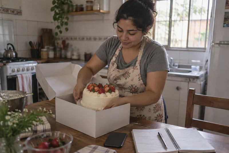 Emprendedora empacando una torta para un pedido